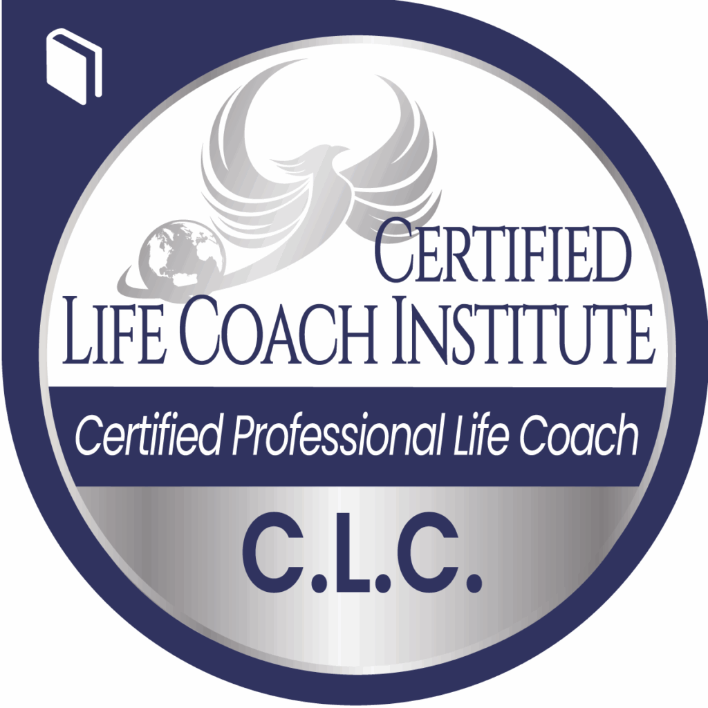 Certified Life Coach Institute badge showing C.L.C. (Certified Professional Life Coach) credential with phoenix and globe emblem.